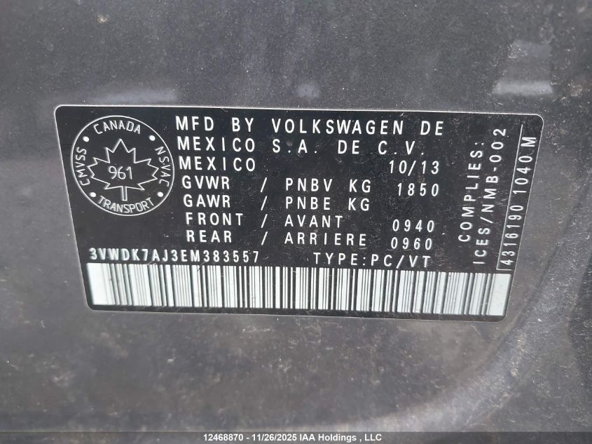 2014 Volkswagen Jetta Se VIN: 3VWDK7AJ3EM383557 Lot: 12468870