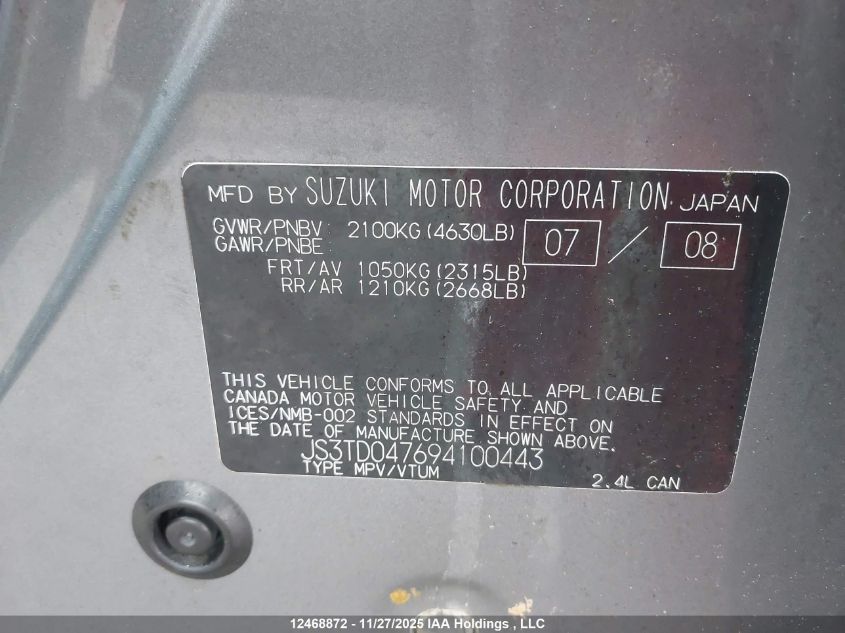 2009 Suzuki Grand Vitara Jlx-L VIN: JS3TD047694100443 Lot: 12468872