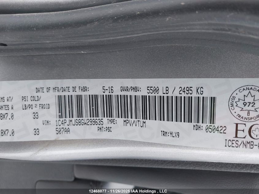 2016 Jeep Cherokee Overland VIN: 1C4PJMJS8GW299635 Lot: 12468877