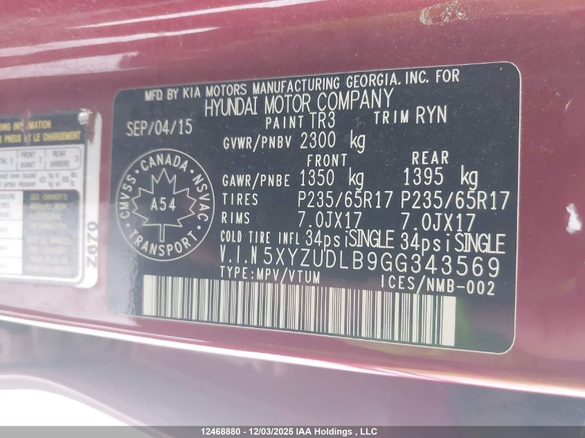 2016 Hyundai Santa Fe VIN: 5XYZUDLB9GG343569 Lot: 12468880