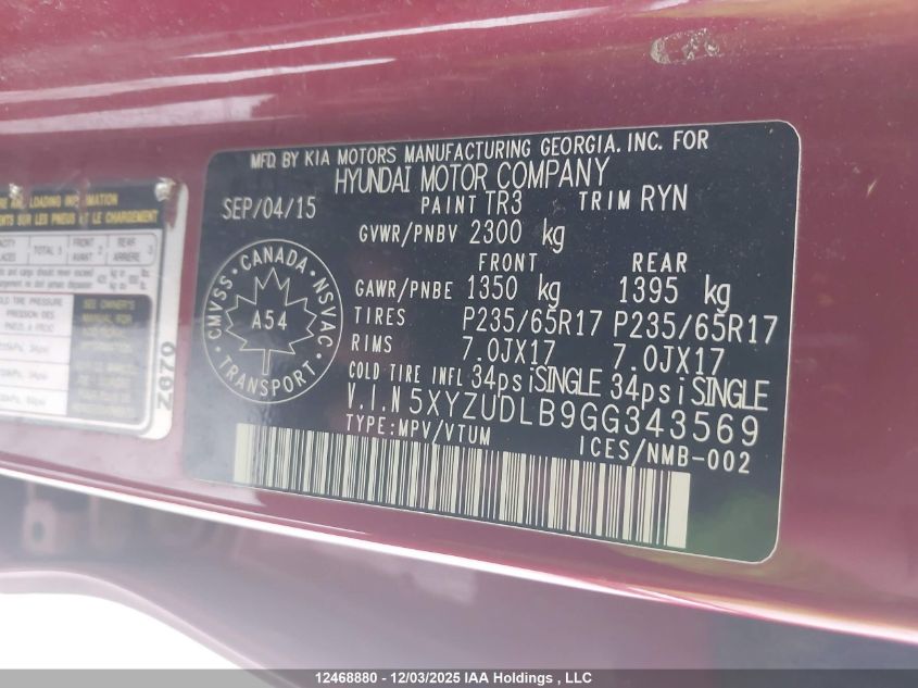 2016 Hyundai Santa Fe VIN: 5XYZUDLB9GG343569 Lot: 12468880