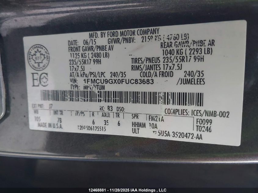 2015 Ford Escape Se VIN: 1FMCU9GX0FUC83683 Lot: 12468881