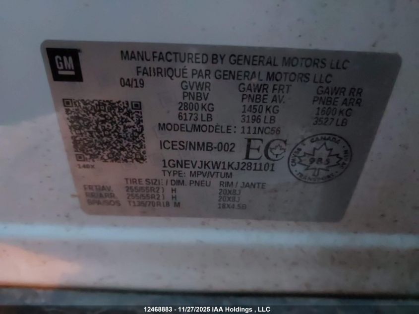2019 Chevrolet Traverse High Country/Rs VIN: 1GNEVJKW1KJ281101 Lot: 12468883