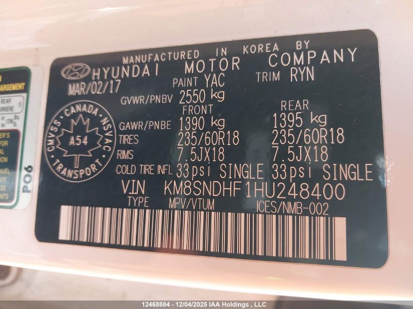 2017 Hyundai Santa Fe VIN: KM8SNDHF1HU248400 Lot: 12468884