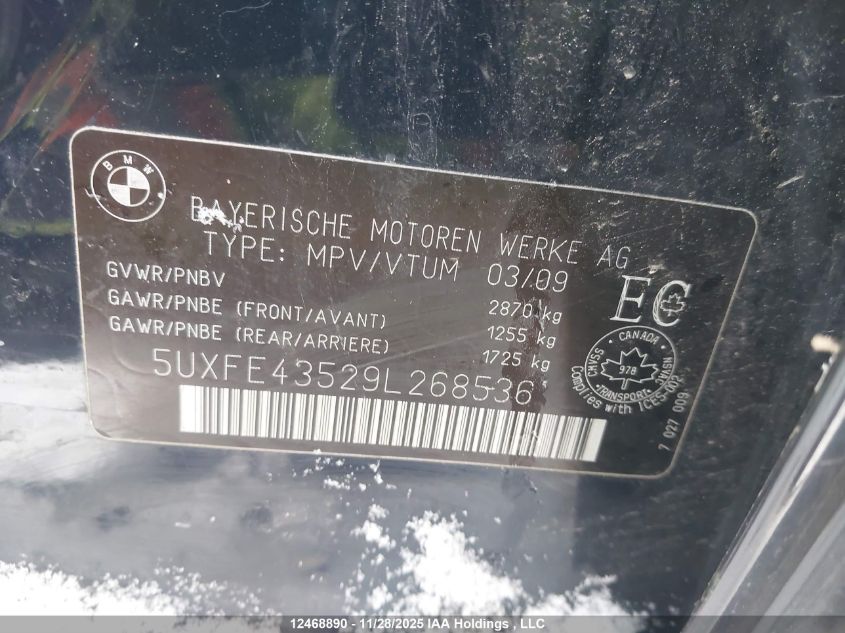 2009 BMW X5 xDrive30I VIN: 5UXFE43529L268536 Lot: 12468890
