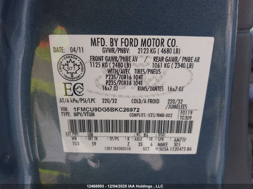 2011 Ford Escape Xlt Automatic VIN: 1FMCU9DG5BKC26972 Lot: 12468893