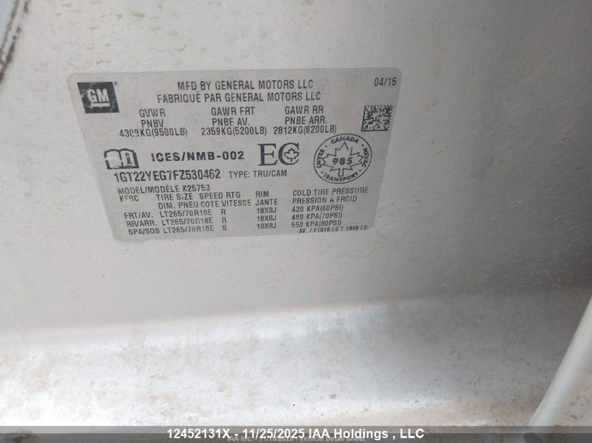 2015 GMC Sierra 2500Hd Sle VIN: 1GT22YEG7FZ530462 Lot: 12452131X