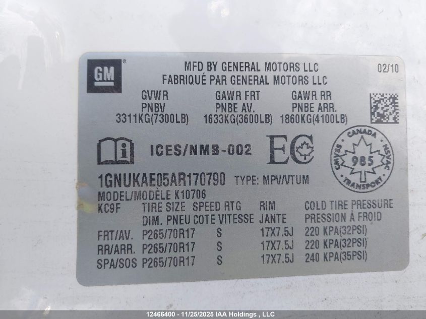 2010 Chevrolet Tahoe Ls VIN: 1GNUKAE05AR170790 Lot: 12466400X