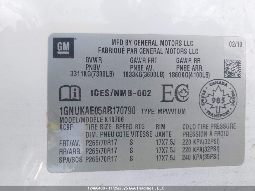 2010 Chevrolet Tahoe Ls VIN: 1GNUKAE05AR170790 Lot: 12466400X