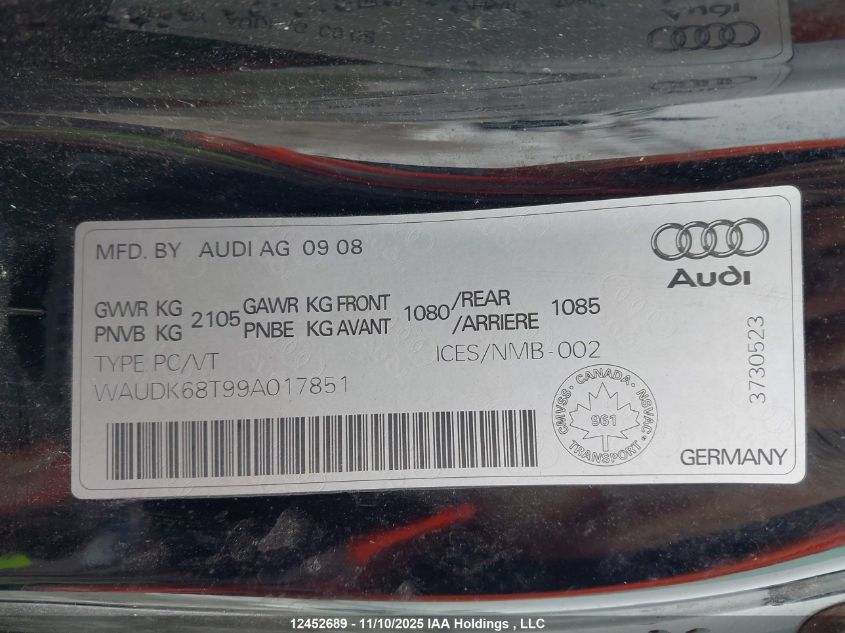 2009 Audi A5 3.2L VIN: WAUDK68T99A017851 Lot: 12452689X