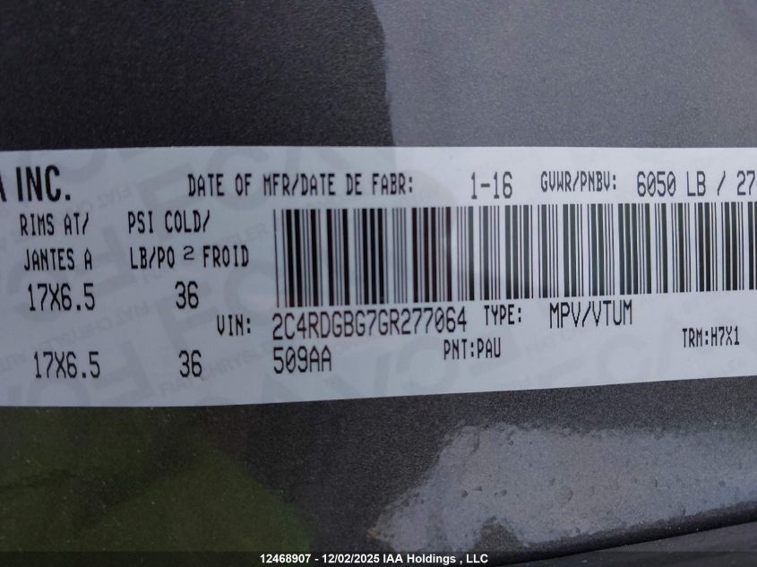 2016 Dodge Grand Caravan Se/Sxt VIN: 2C4RDGBG7GR277064 Lot: 12468907