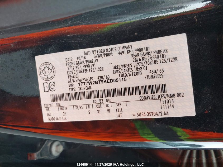 2019 Ford F250 Super Duty VIN: 1FT7W2BT9KED05115 Lot: 12468914