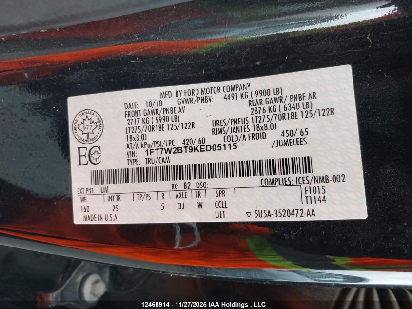 2019 Ford F250 Super Duty VIN: 1FT7W2BT9KED05115 Lot: 12468914