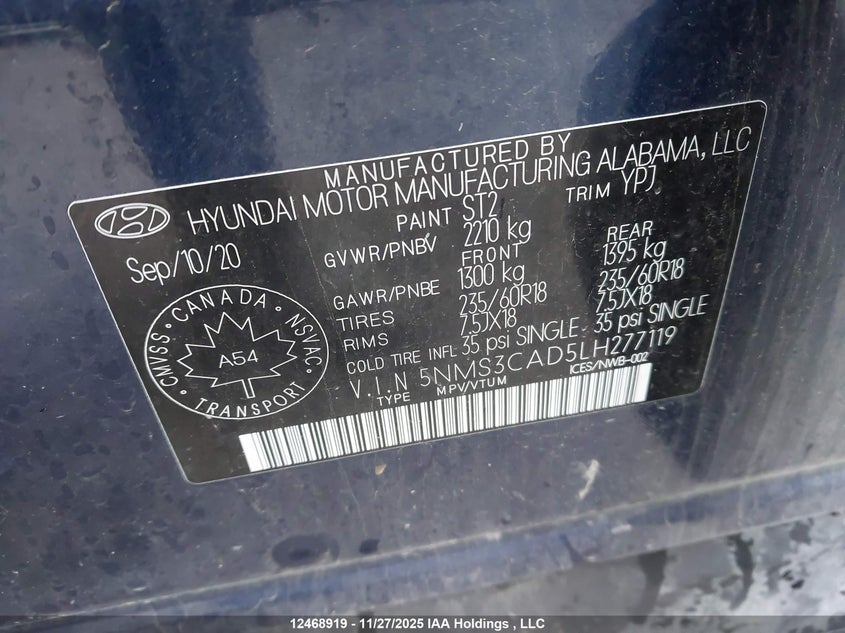 5NMS3CAD5LH277119 2020 HYUNDAI SANTA FE photo no. 19