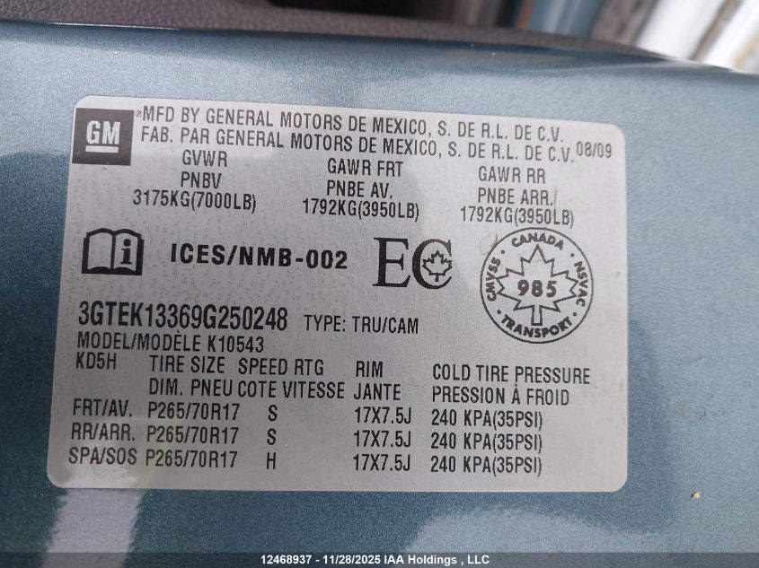2009 GMC Sierra K1500 VIN: 3GTEK13369G250248 Lot: 12468937