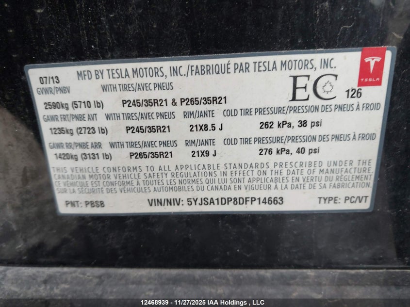 5YJSA1DP8DFP14663 2013 TESLA MODEL S photo no. 9