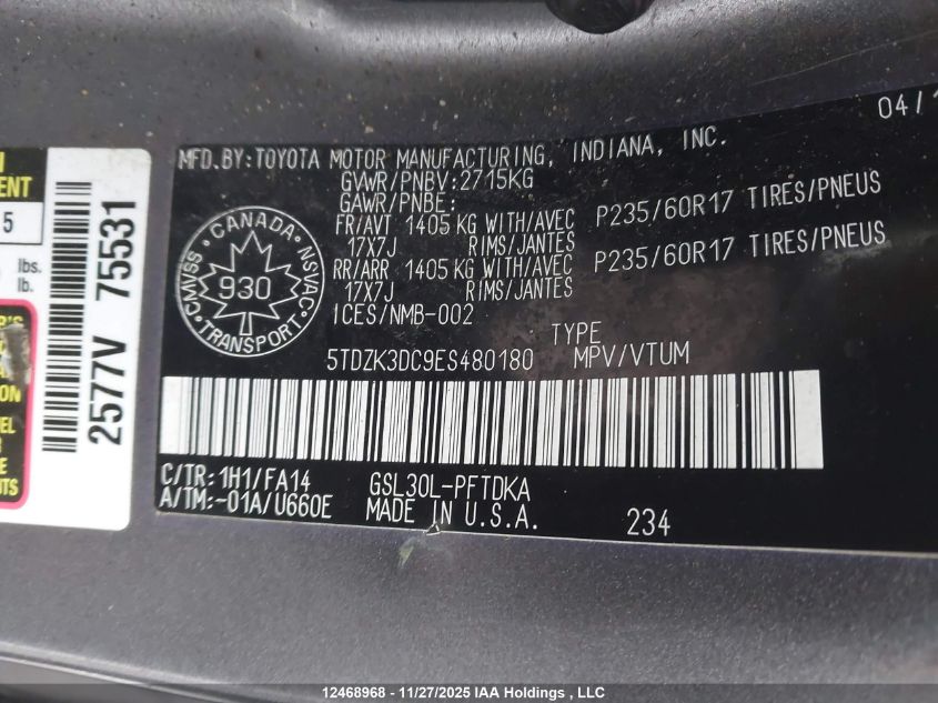 2014 Toyota Sienna 7 Passenger VIN: 5TDZK3DC9ES480180 Lot: 12468968