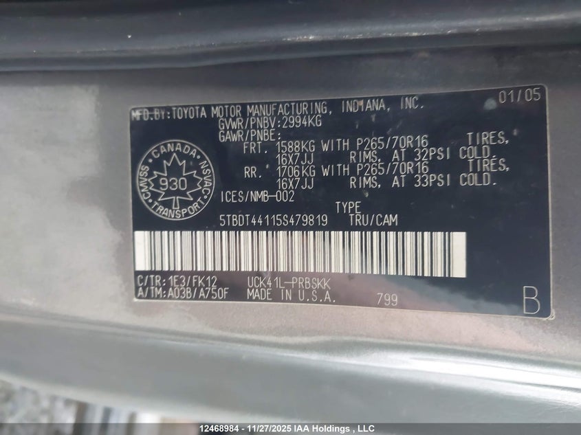 2005 Toyota Tundra Sr5 V8 VIN: 5TBDT44115S479819 Lot: 12468984