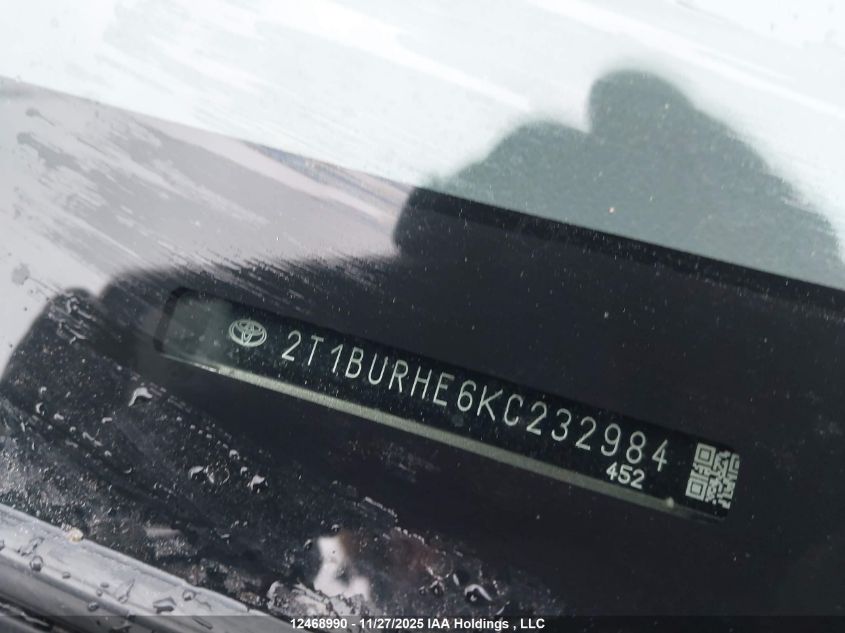 2019 Toyota Corolla Le VIN: 2T1BURHE6KC232984 Lot: 12468990