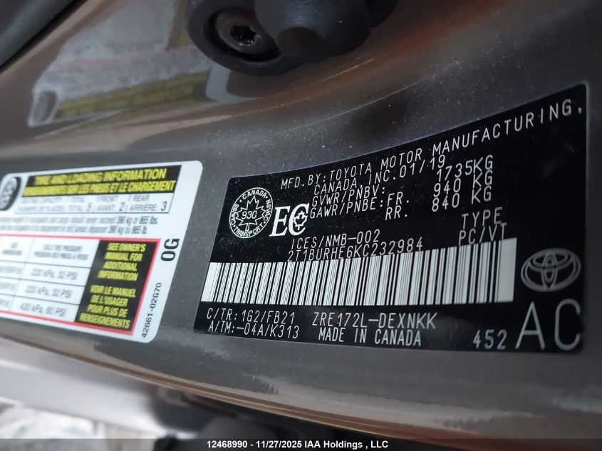 2019 Toyota Corolla Le VIN: 2T1BURHE6KC232984 Lot: 12468990