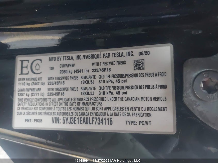 5YJ3E1EA0LF734116 2020 TESLA MODEL 3 photo no. 18
