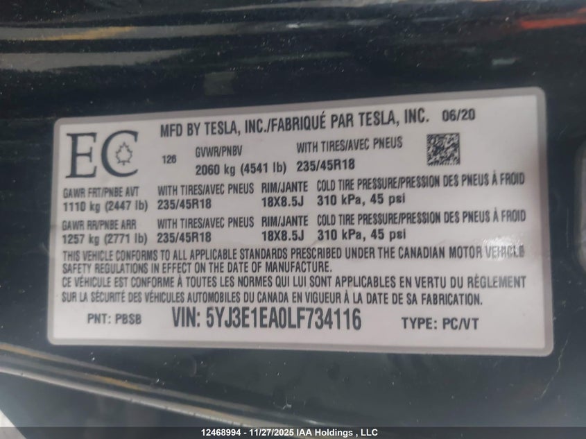 5YJ3E1EA0LF734116 2020 TESLA MODEL 3 photo no. 9