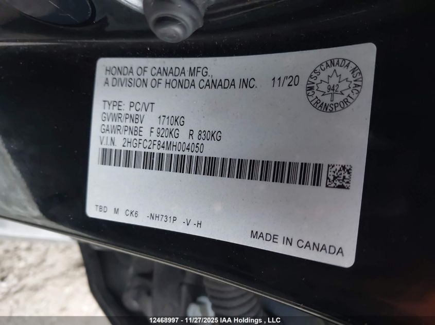 2021 Honda Civic Sport VIN: 2HGFC2F84MH004050 Lot: 12468997