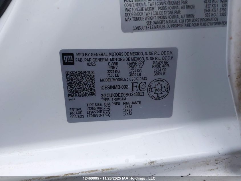 2025 Chevrolet Silverado K1500 Lt VIN: 3GCUKDED0SG248813 Lot: 12469005