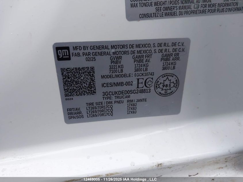 2025 Chevrolet Silverado K1500 Lt VIN: 3GCUKDED0SG248813 Lot: 12469005