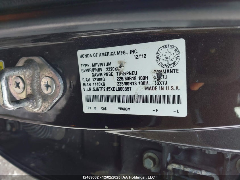5J6TF2H5XDL800357 2013 HONDA CROSSTOUR photo no. 9