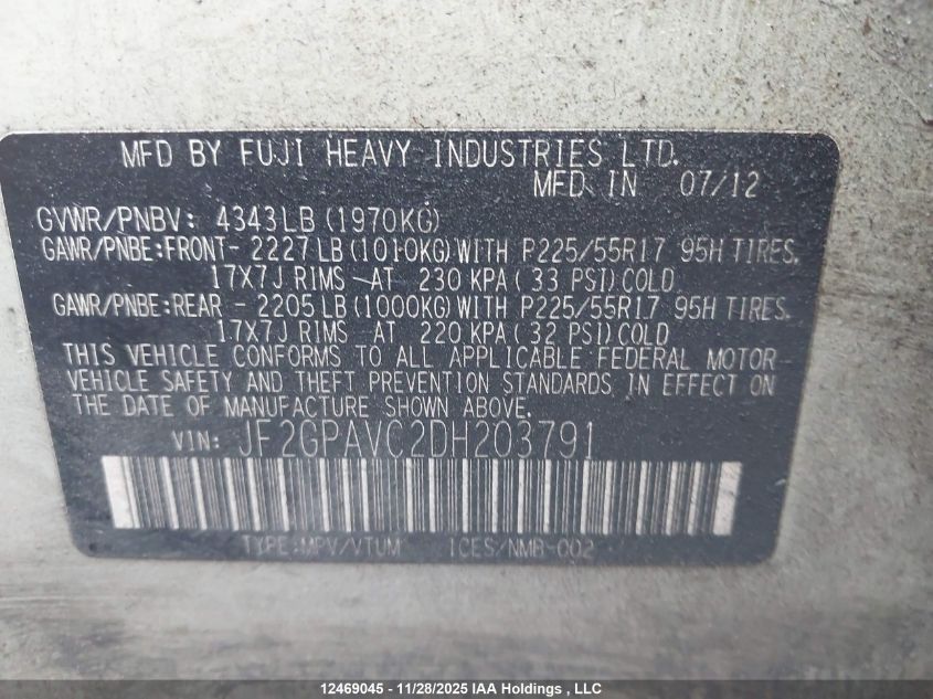 2013 Subaru Xv Crosstrek 2.0 Premium VIN: JF2GPAVC2DH203791 Lot: 12469045