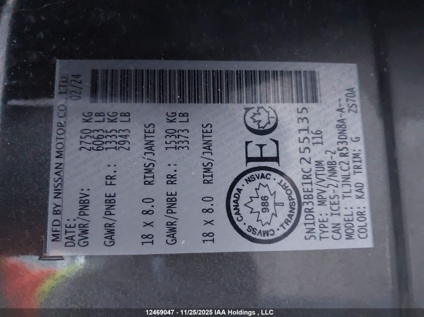 2024 Nissan Pathfinder Sv VIN: 5N1DR3BE1RC255135 Lot: 12469047