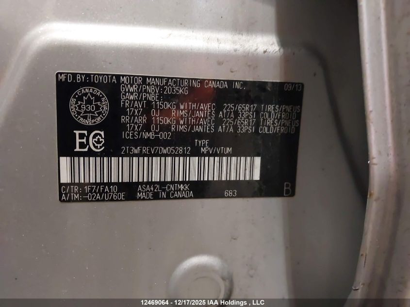 2013 Toyota Rav4 Xle VIN: 2T3WFREV7DW052812 Lot: 12469064