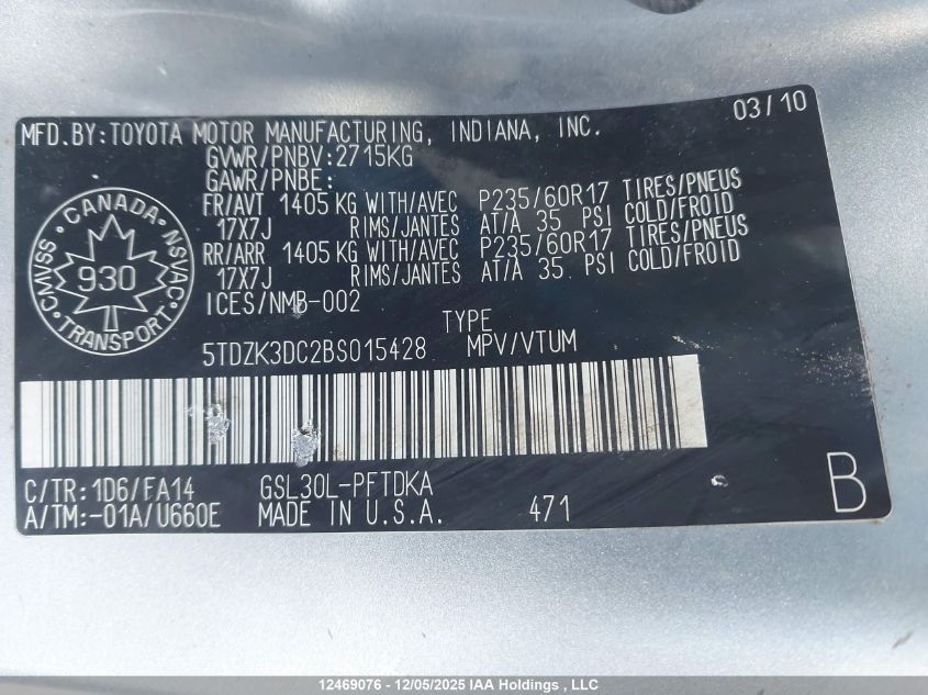 2011 Toyota Sienna VIN: 5TDZK3DC2BS015428 Lot: 12469076