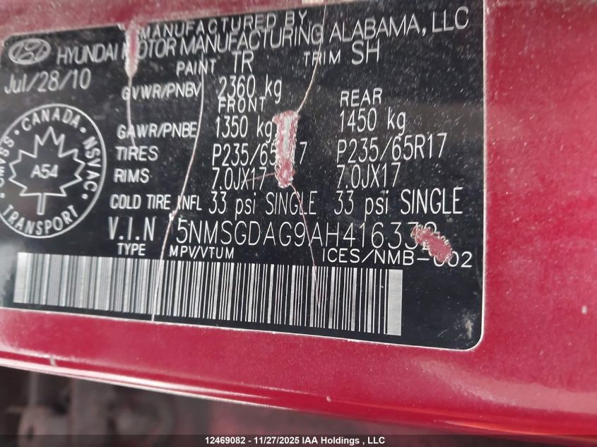 2010 Hyundai Santa Fe VIN: 5NMSGDAG9AH416332 Lot: 12469082