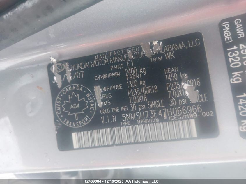 2007 Hyundai Santa Fe Se/Limited VIN: 5NMSH73E47H066966 Lot: 12469084