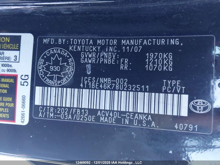 2008 Toyota Camry Ce/Le/Xle/Se VIN: 4T1BE46K78U232511 Lot: 12469092