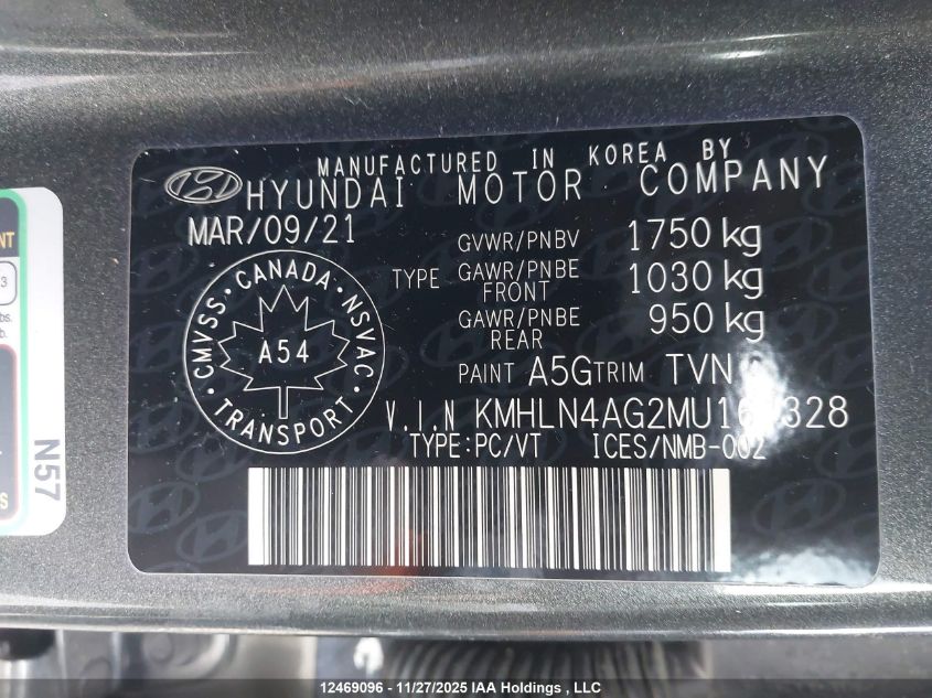 2021 Hyundai Elantra Ultimate Ivt With Tech Package With Two-Tone Interior VIN: KMHLN4AG2MU164328 Lot: 12469096