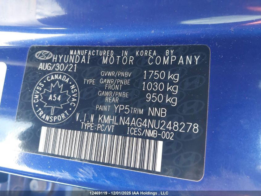 2022 Hyundai Elantra Ultimate Ivt With Tech Package VIN: KMHLN4AG4NU248278 Lot: 12469119