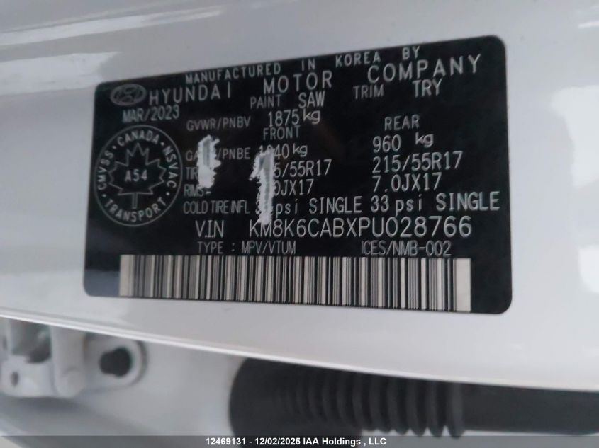 2023 Hyundai Kona VIN: KM8K6CABXPU028766 Lot: 12469131