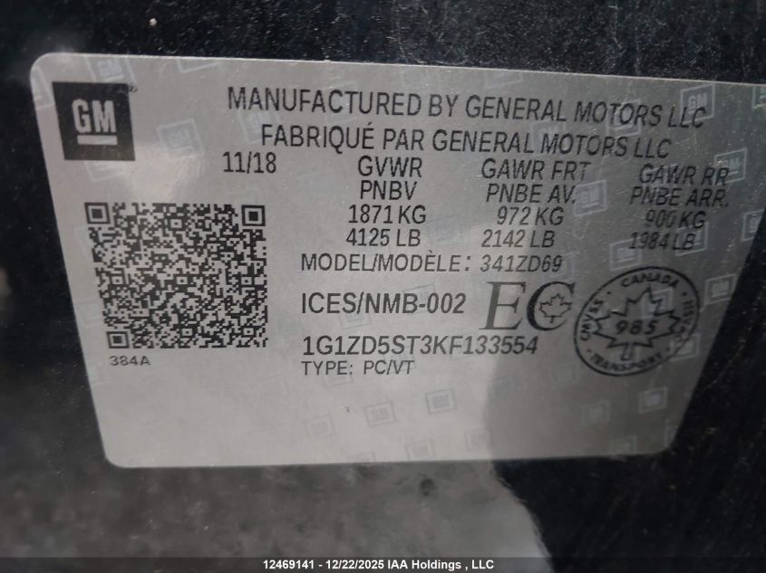 2019 Chevrolet Malibu Lt VIN: 1G1ZD5ST3KF133554 Lot: 12469141