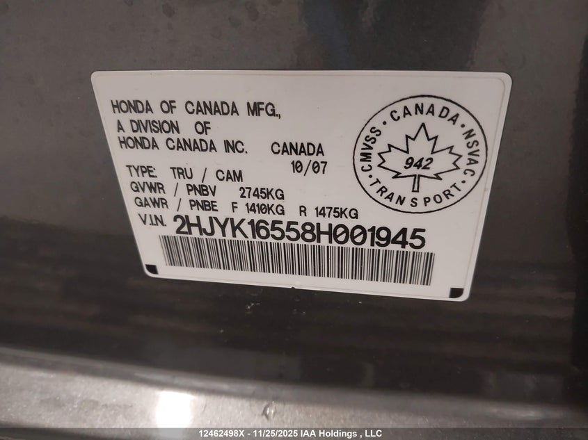 2008 Honda Ridgeline Ex-L VIN: 2HJYK16558H001945 Lot: 12462498X