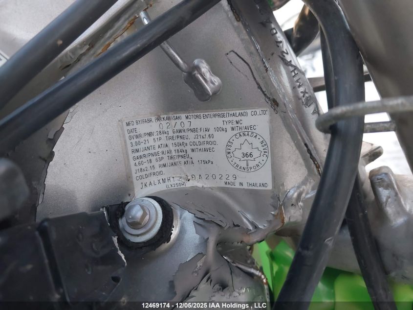 2007 Kawasaki Klx250 H VIN: JKALXMH127DA20229 Lot: 12469174