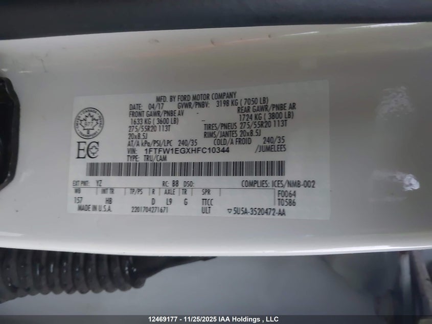2017 Ford F-150 Lariat VIN: 1FTFW1EGXHFC10344 Lot: 12469177