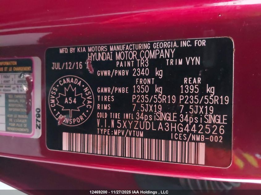 2017 Hyundai Santa Fe Sport 2.0T Ultimate VIN: 5XYZUDLA3HG442526 Lot: 12469200