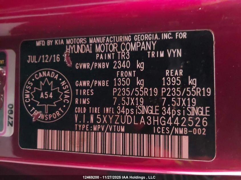 2017 Hyundai Santa Fe Sport 2.0T Ultimate VIN: 5XYZUDLA3HG442526 Lot: 12469200