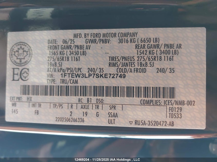 2025 Ford F-150 Xlt VIN: 1FTEW3LP7SKE72749 Lot: 12469204