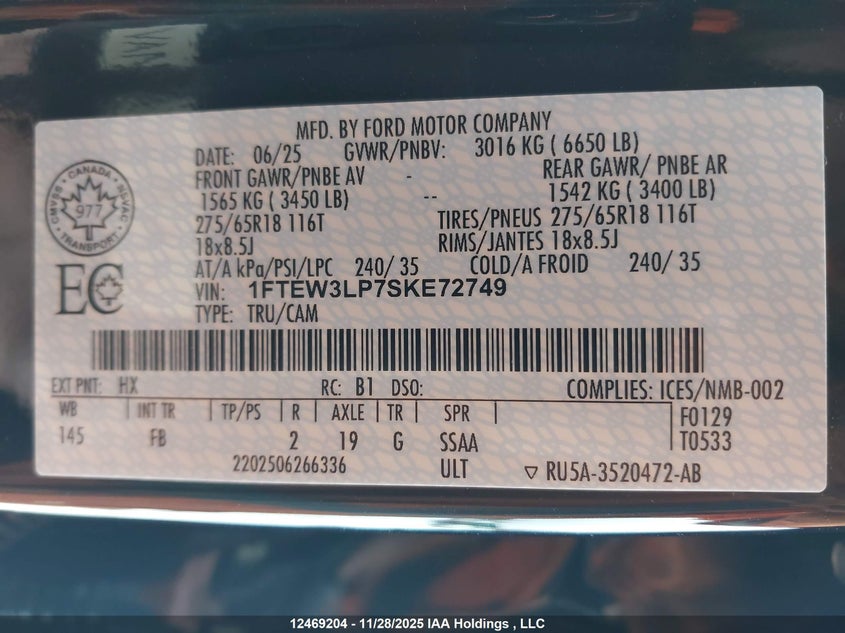 2025 Ford F-150 Xlt VIN: 1FTEW3LP7SKE72749 Lot: 12469204