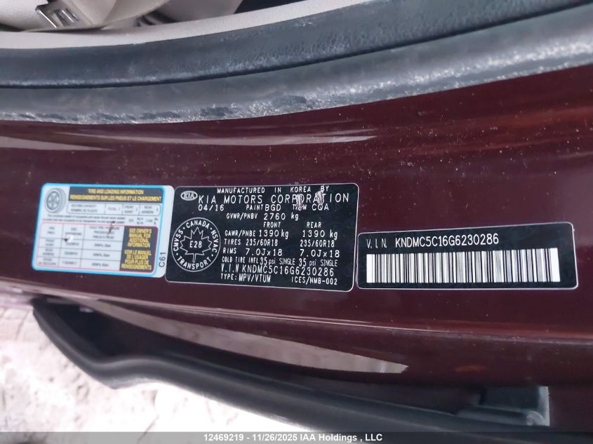 2016 Kia Sedona Sx/Sx+ VIN: KNDMC5C16G6230286 Lot: 12469219