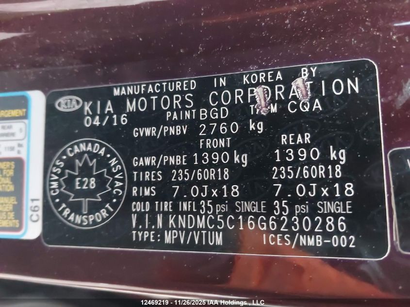 2016 Kia Sedona Sx/Sx+ VIN: KNDMC5C16G6230286 Lot: 12469219